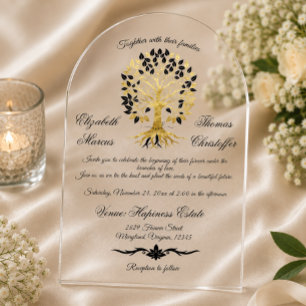 Invitaciones Acrílicas Árbol Dorado de la Vida Boda Atemporal Sofisticada
