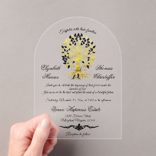 Invitaciones Acrílicas Árbol dorado de vida Boda sofisticado y atemporal