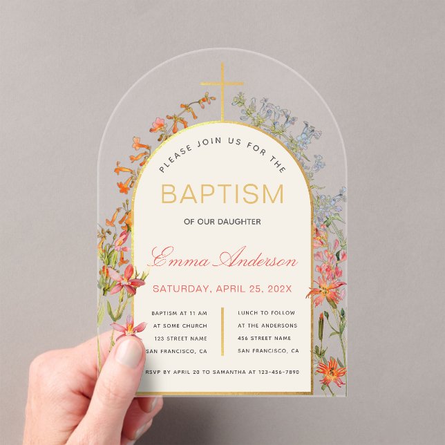 Invitaciones Acrílicas Arch Girl Baptism Gold Cross & Wildflowers Floral  (Insitu (portátil))