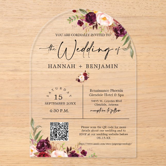 Invitaciones Acrílicas Arched Marsala Boho Boda Moderno Código Mínimo de  (Anverso)