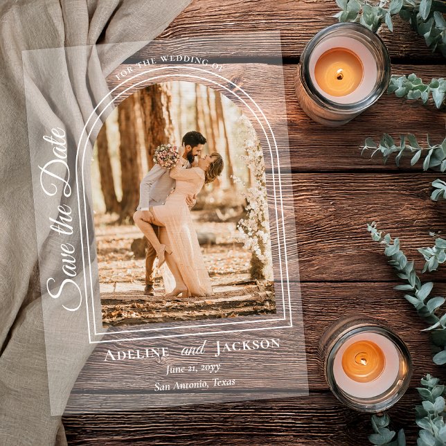 Invitaciones Acrílicas Arched Photo Elegant Script Save the Date (Arched Photo Elegant Script "Save the Date" Acrylic Announcement - White Text and Accents)