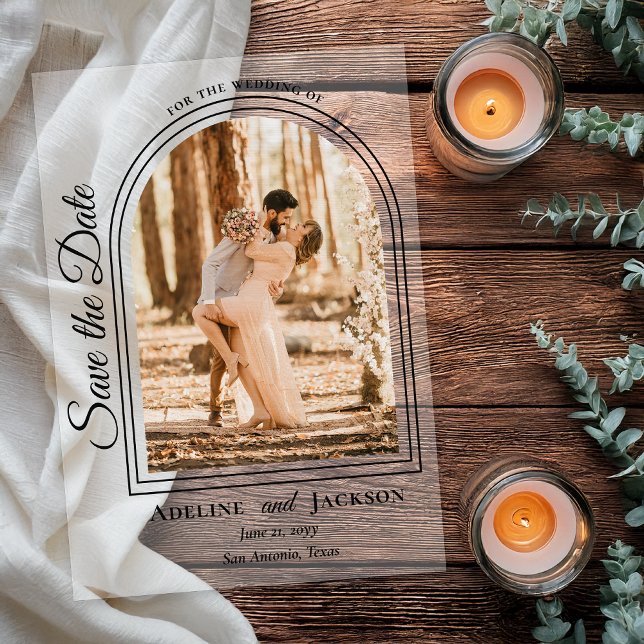 Invitaciones Acrílicas Arched Photo Elegant Script Save the Date (Arched Photo Elegant Script "Save the Date" Acrylic Announcement - Black Text and Accents)