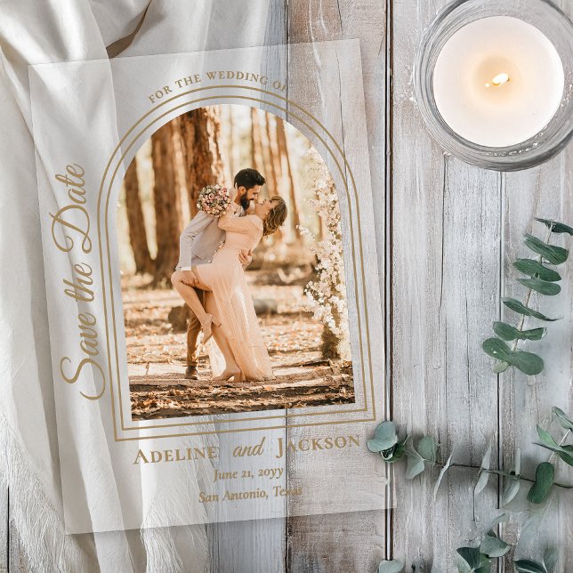 Invitaciones Acrílicas Arched Photo Elegant Script Save the Date (Arched Photo Elegant Script "Save the Date" Acrylic Announcement - Natural Text and Accents)