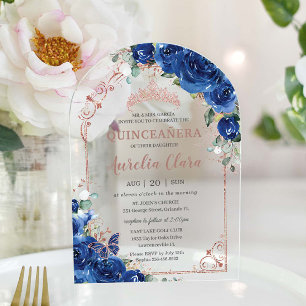 Invitaciones Acrílicas Arco 16 del Real Rosa Floral Azul de Quinceañera