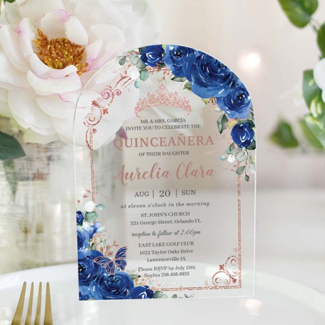 Invitaciones Acrílicas Arco 16 del Real Rosa Floral Azul de Quinceañera (Subido por el creador)