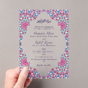 Invitaciones Acrílicas Arco árabe rosa azul marino ornamentado boda musul