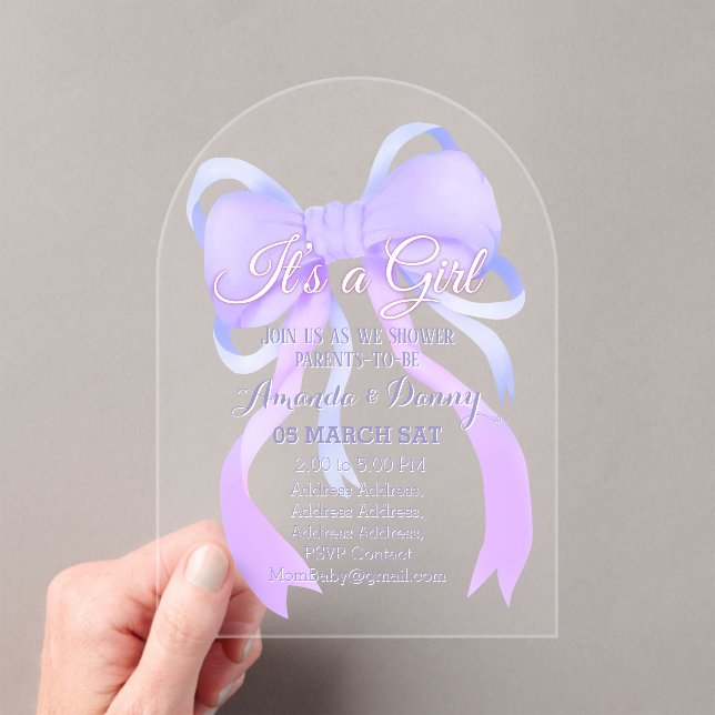 Invitaciones Acrílicas Arco Baby Shower de cinta morada (Insitu (portátil))