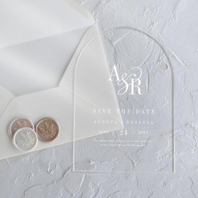 Invitaciones Acrílicas Arco Blanco de ANDREA Boda moderna Salven la fecha (ANDREA White Arch Modern Wedding Save the Date Acrylic Invitations)