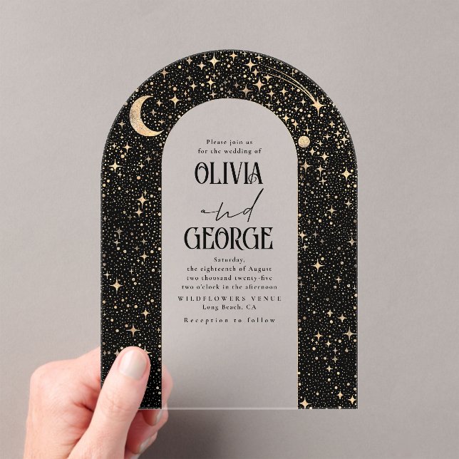 Invitaciones Acrílicas Arco Boda Celestial Moderno de Oro Negro (Insitu (portátil))