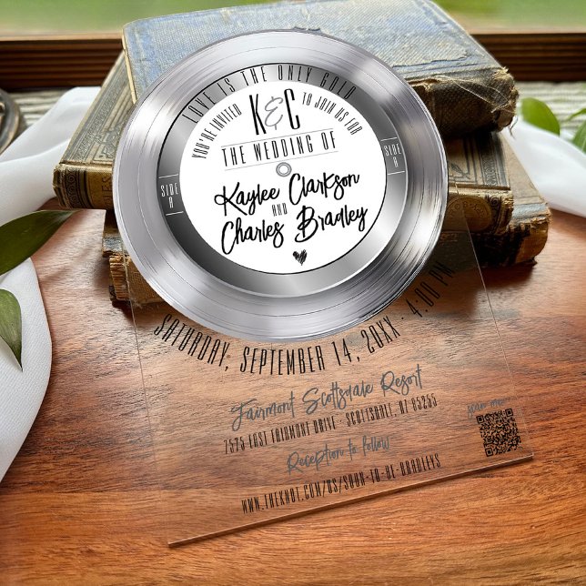 Invitaciones Acrílicas Arco Boda de música de vinilo retro plateado (Retro music black & silver vinyl record album unique arch shape acrylic wedding invitation QR code)