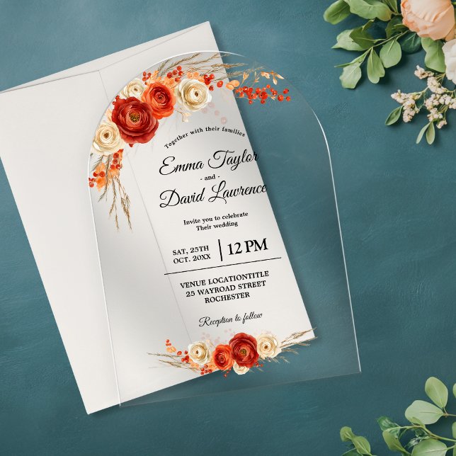 Invitaciones Acrílicas Arco boda floral de terracota naranja de otoño (Subido por el creador)