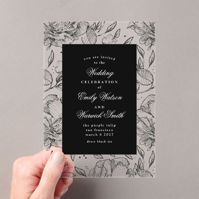 Invitaciones Acrílicas Arco Boda floral elegante negro (Insitu (portátil))
