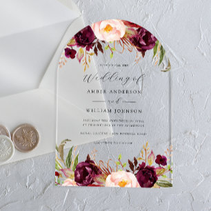 Invitaciones Acrílicas Arco Borgoña Rubor Floración Boda  