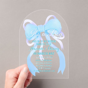 Invitaciones Acrílicas Arco de Baby Shower de Niño con Cinta Azul