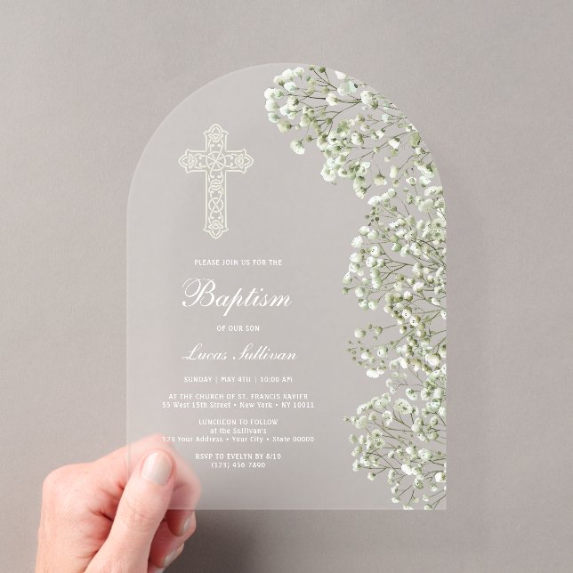 Invitaciones Acrílicas Arco de Bautizo Aliento de Bebé Blanco (Insitu (portátil))