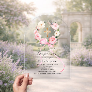 Invitaciones Acrílicas Arco de bautizo de niña con lazo de corona floral