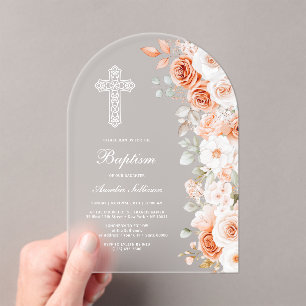 Invitaciones Acrílicas Arco de Bautizo de Rosas Blancas de Terracota