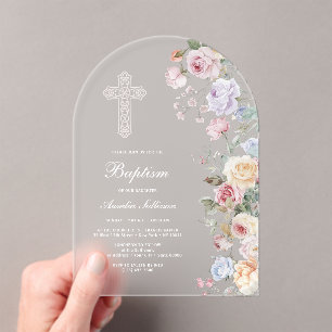 Invitaciones Acrílicas Arco de Bautizo de Rosas Elegantes