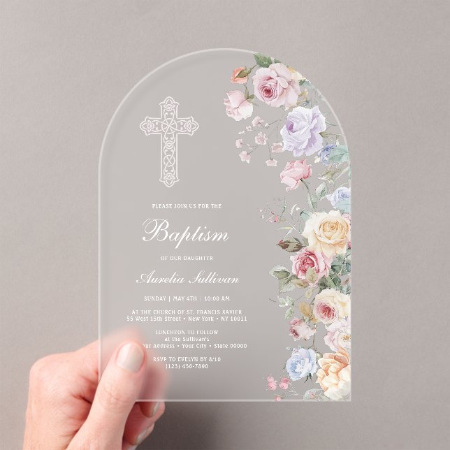 Invitaciones Acrílicas Arco de Bautizo de Rosas Elegantes (Insitu (portátil))