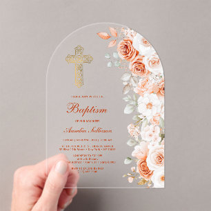 Invitaciones Acrílicas Arco de Bautizo de Rosas Terracota y Blancas