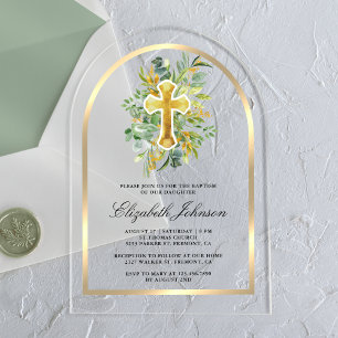 Invitaciones Acrílicas Arco de Bautizo de Verde de Eucalipto Rústico Dora