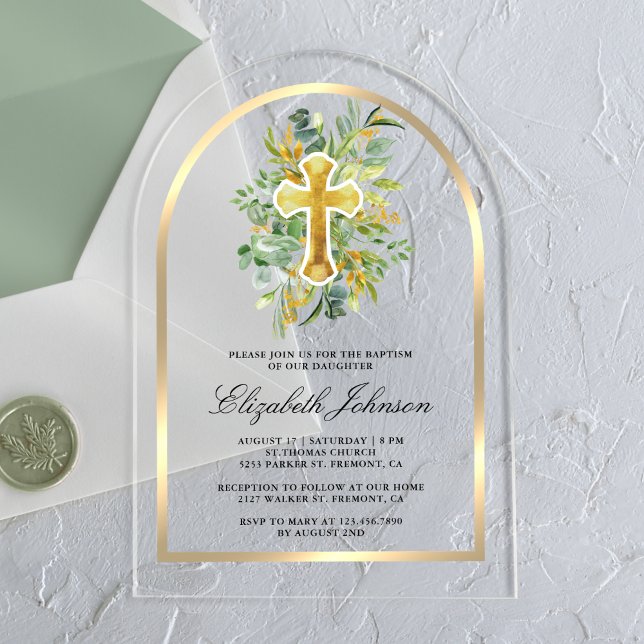 Invitaciones Acrílicas Arco de Bautizo de Verde de Eucalipto Rústico Dora (Subido por el creador)