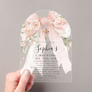 Invitaciones Acrílicas Arco de Bautizo Floral Rosa con Lazo Rosa