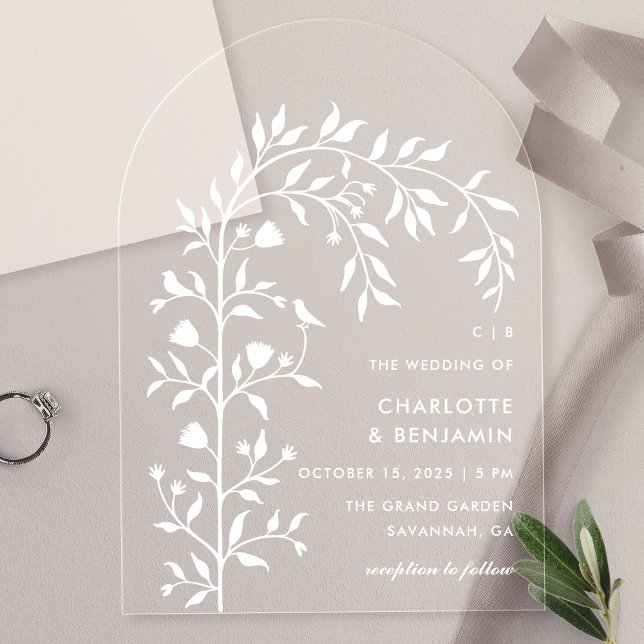 Invitaciones Acrílicas Arco de Boda Botánico Blanco de Pájaros (Subido por el creador)