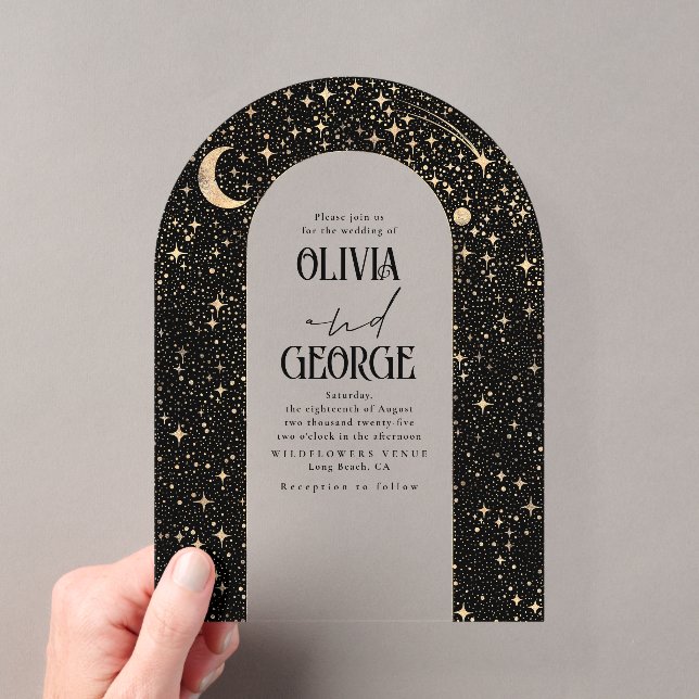 Invitaciones Acrílicas Arco de Boda Celestial Moderno de Oro Negro (Insitu (portátil))