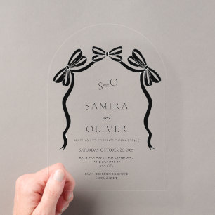 Invitaciones Acrílicas Arco de boda con lazo de cinta negro y blanco