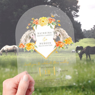 Invitaciones Acrílicas Arco de boda con monograma de caballos grises y ro