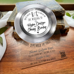 Invitaciones Acrílicas Arco de boda con tema de música de vinilo plateado