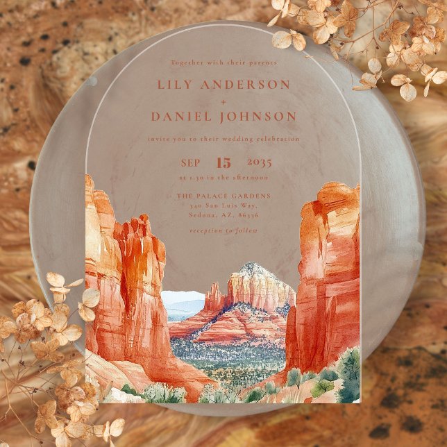 Invitaciones Acrílicas Arco de Boda de Acuarela de Montaña del Desierto E (Elegant Desert Mountain Watercolor Wedding Arch Acrylic Invitations)