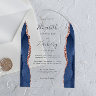 Invitaciones Acrílicas Arco de boda de ágata de oro rosa azul marino mode