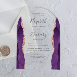Invitaciones Acrílicas Arco de boda de ágata de oro rosa púrpura moderno