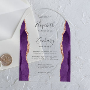 Invitaciones Acrílicas Arco de boda de ágata de oro rosa púrpura moderno