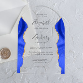 Invitaciones Acrílicas Arco de boda de ágata dorada azul real moderno