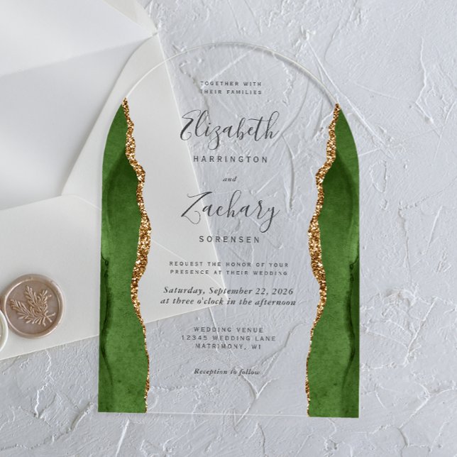 Invitaciones Acrílicas Arco de boda de ágata dorada verde cazador moderno (Subido por el creador)