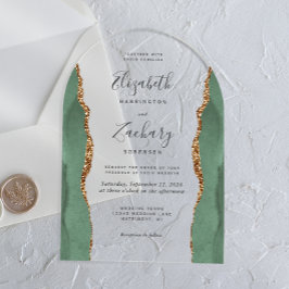 Invitaciones Acrílicas Arco de boda de ágata dorada verde salvia moderno