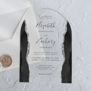 Invitaciones Acrílicas Arco de boda de ágata negra plateada moderna
