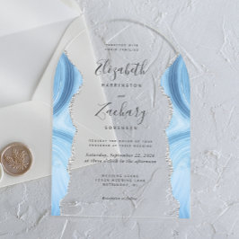 Invitaciones Acrílicas Arco de boda de ágata plateada azul bebé moderno
