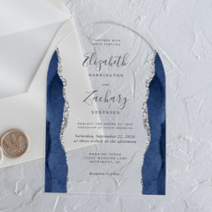 Invitaciones Acrílicas Arco de boda de ágata plateada azul marino moderno