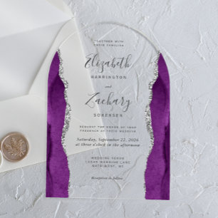 Invitaciones Acrílicas Arco de boda de ágata plateada púrpura moderno