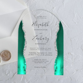 Invitaciones Acrílicas Arco de boda de ágata plateada verde espuma de mar