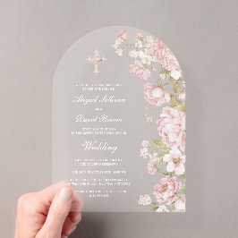 Invitaciones Acrílicas Arco de boda de flores rosadas
