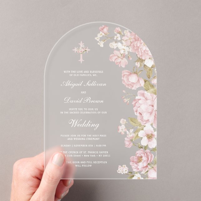 Invitaciones Acrílicas Arco de boda de flores rosadas (Insitu (portátil))