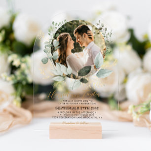 Invitaciones Acrílicas Arco de boda de foto de eucalipto verde elegante d