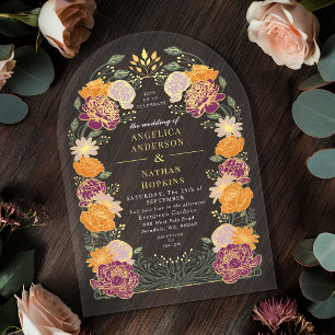 Invitaciones Acrílicas Arco de Boda de Jardín Encantado Púrpura Naranja