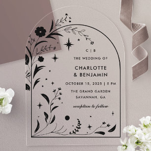 Invitaciones Acrílicas Arco de Boda de Noche Estrellada con Floral Negro