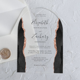Invitaciones Acrílicas Arco de boda de oro rosa con ágata negra moderna